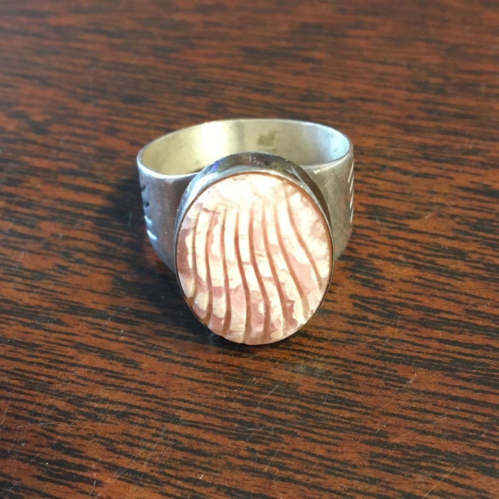 Carved Rose Quartz and silver ring